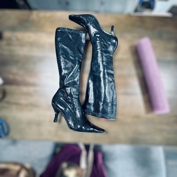 Franco Sarto Black Pull-On Knee High Boots Size 8 Pointed Toe Heel - Picture 5 of 7